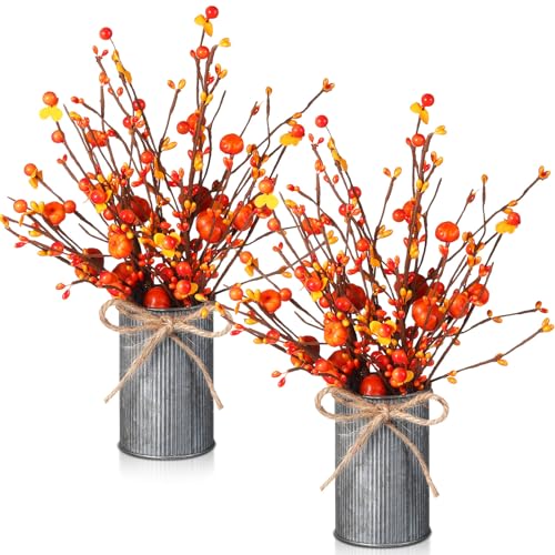 4-Set Artificial Autumn Flower Table Centerpieces with 2 Metal Vases, 6 Pumpkin and Berry Picks, Vintage Faux Fall Decor for Thanksgiving Farmhouse Homes