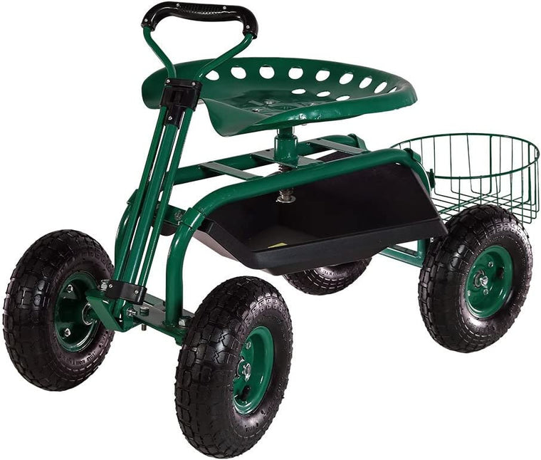 Sunnydaze Green Garden Cart with Rolling Scooter Seat, Extendable Steering Handle, Swivel Seat and Utility Tool Tray